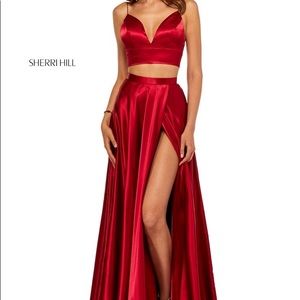 Sherri Hill #52488 Red 2pc Deep V-Neck Silk Charmeuse Dress